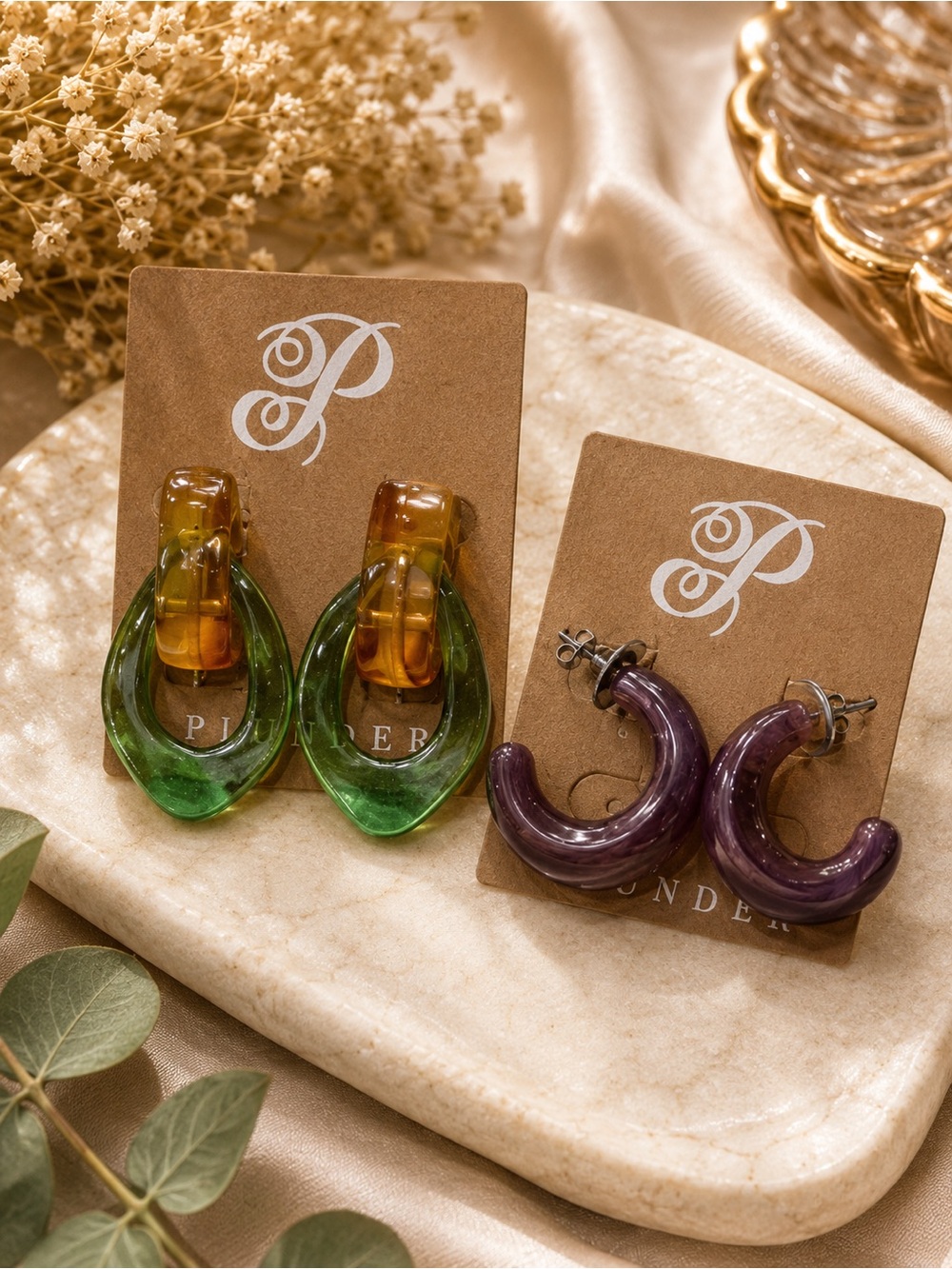 Plunder Green & Amber Teardrop Hoops + Plunder Purple Chunky Hoops